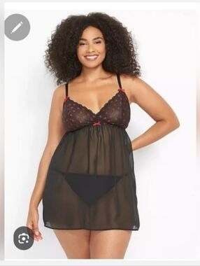 Black Mesh Babydoll Chemise with Red Heart Accents Sz 22